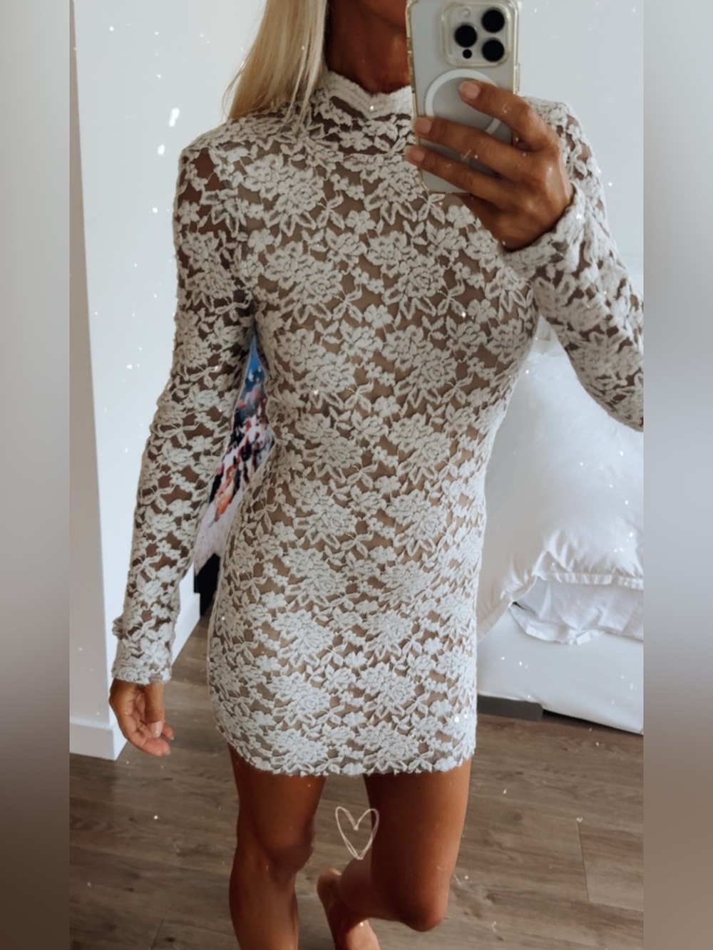 Sheer White Floral Lace Long-Sleeve Mini Dress